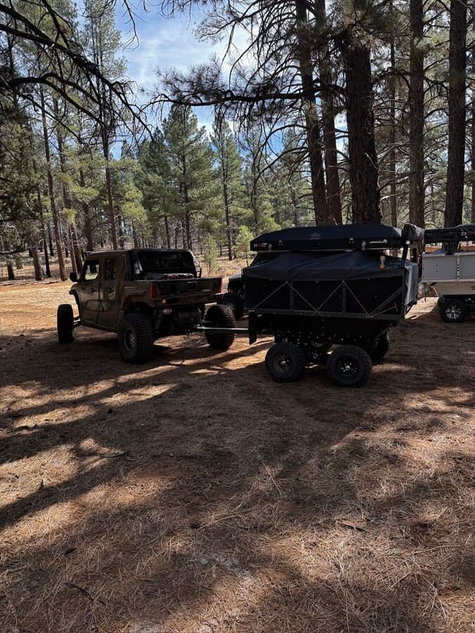 Mansion Rover rooftop build tucked into a high-country pine campsite